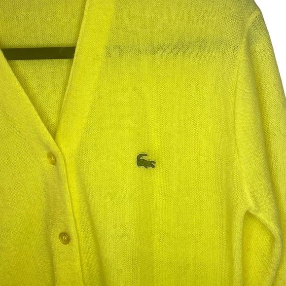 Vintage Lacoste 100% Wool Knit Oversized Button Up V-Neck Sweater Neon Yellow - Picture 3 of 11